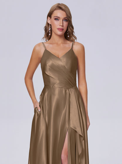 Lila Sexy Straps Soft Satin Long Bridesmaid Dresses