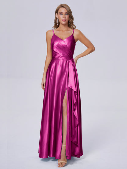 Lila Sexy Straps Soft Satin Long Bridesmaid Dresses