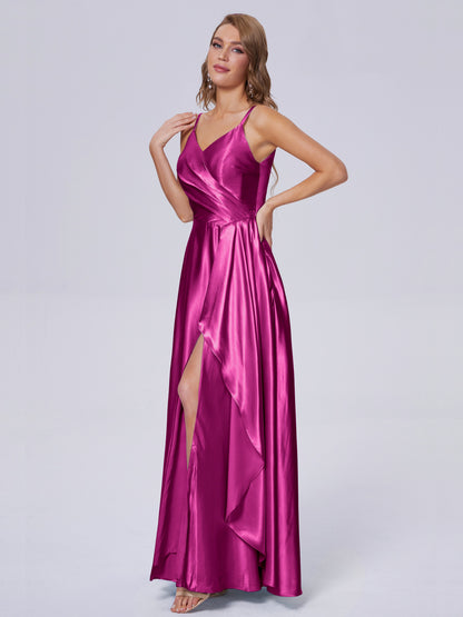 Lila Sexy Straps Soft Satin Long Bridesmaid Dresses