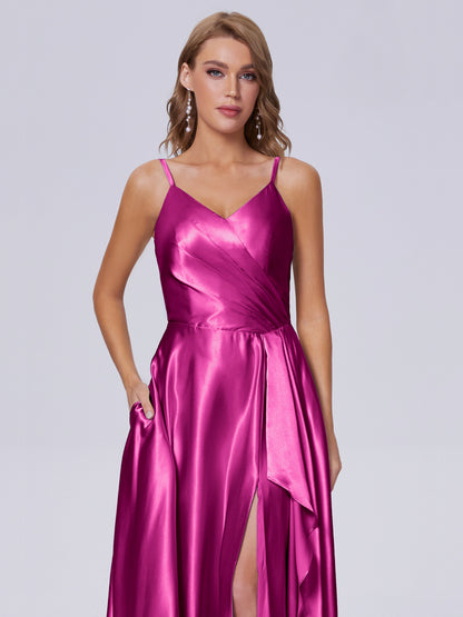 Lila Sexy Straps Soft Satin Long Bridesmaid Dresses