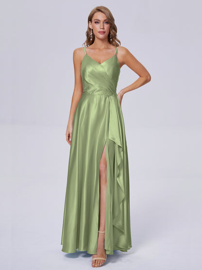 Lila Sexy Straps Soft Satin Long Bridesmaid Dresses