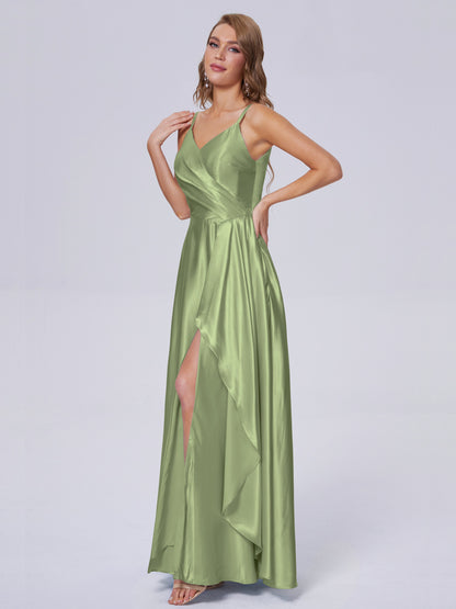 Lila Sexy Straps Soft Satin Long Bridesmaid Dresses
