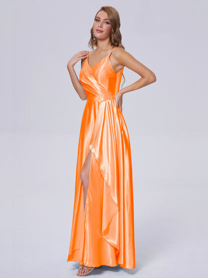 Lila Sexy Straps Soft Satin Long Bridesmaid Dresses