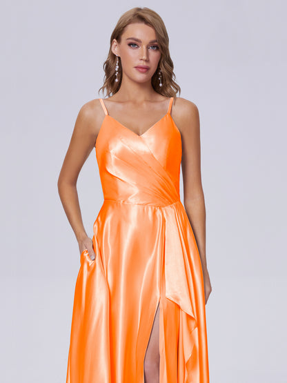 Lila Sexy Straps Soft Satin Long Bridesmaid Dresses