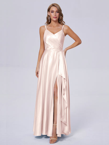 Lila Sexy Straps Soft Satin Long Bridesmaid Dresses
