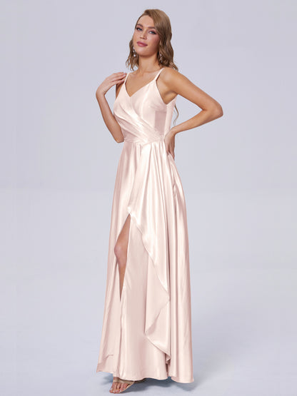 Lila Sexy Straps Soft Satin Long Bridesmaid Dresses
