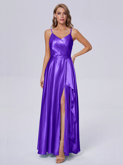 Lila Sexy Straps Soft Satin Long Bridesmaid Dresses