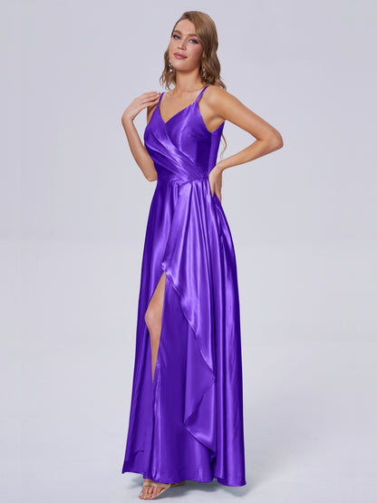 Lila Sexy Straps Soft Satin Long Bridesmaid Dresses