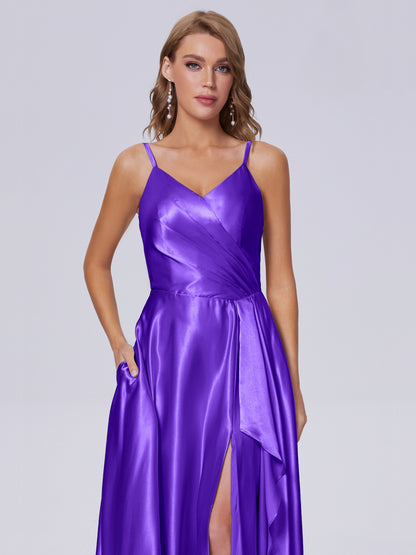 Lila Sexy Straps Soft Satin Long Bridesmaid Dresses
