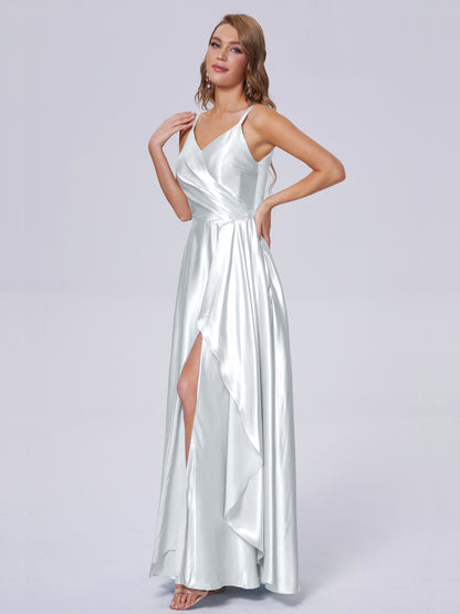 Lila Sexy Straps Soft Satin Long Bridesmaid Dresses
