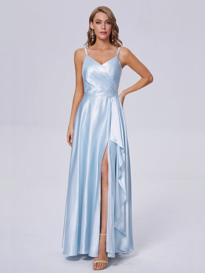 Lila Sexy Straps Soft Satin Long Bridesmaid Dresses
