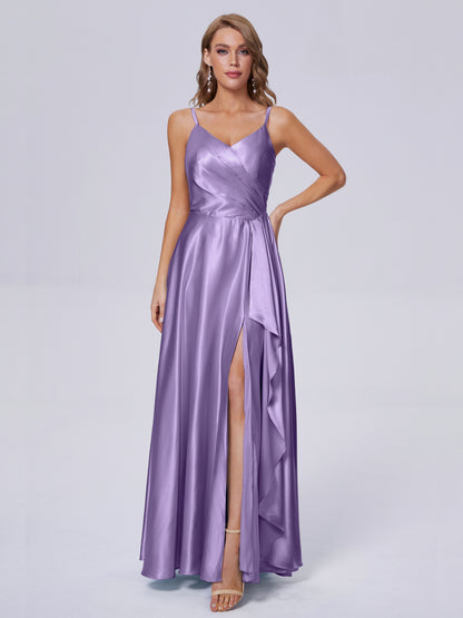 Lila Sexy Straps Soft Satin Long Bridesmaid Dresses