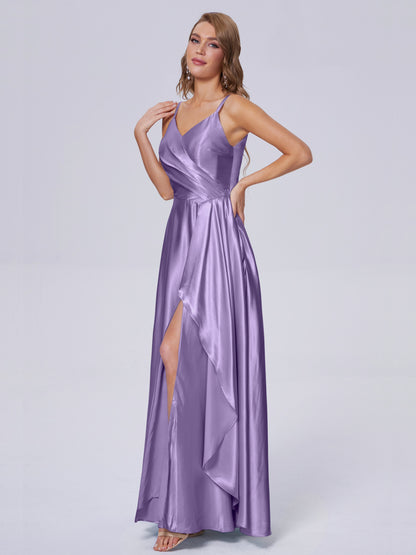 Lila Sexy Straps Soft Satin Long Bridesmaid Dresses