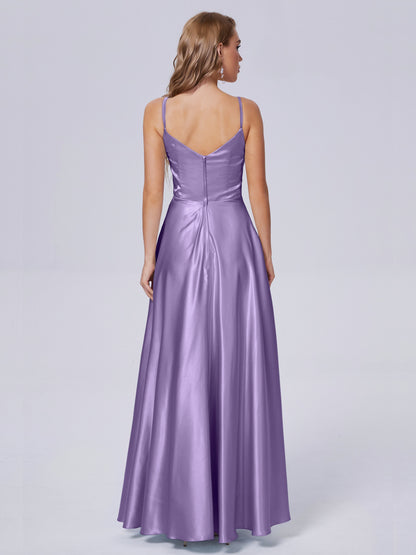 Lila Sexy Straps Soft Satin Long Bridesmaid Dresses