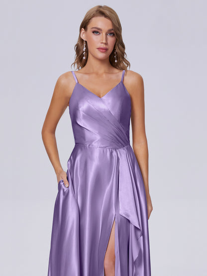 Lila Sexy Straps Soft Satin Long Bridesmaid Dresses
