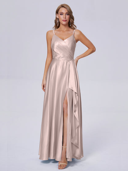 Lila Sexy Straps Soft Satin Long Bridesmaid Dresses