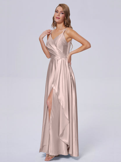 Lila Sexy Straps Soft Satin Long Bridesmaid Dresses