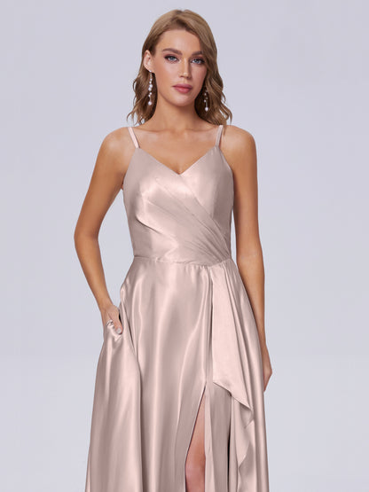Lila Sexy Straps Soft Satin Long Bridesmaid Dresses