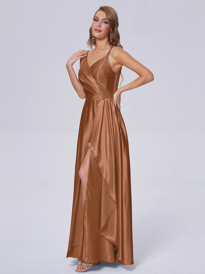 Lila Sexy Straps Soft Satin Long Bridesmaid Dresses