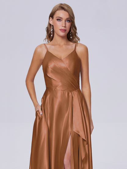 Lila Sexy Straps Soft Satin Long Bridesmaid Dresses