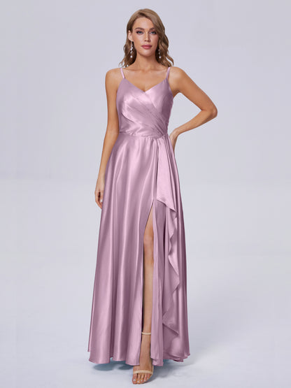 Lila Sexy Straps Soft Satin Long Bridesmaid Dresses