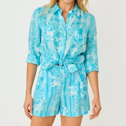 Lilly Pulitzer Seaview Linen Shirt - Blue Floral