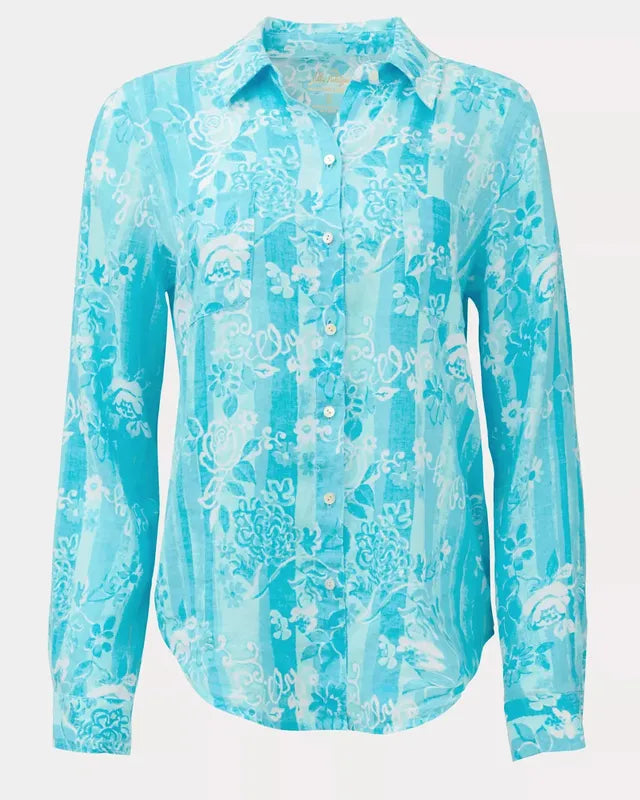 Lilly Pulitzer Seaview Linen Shirt - Blue Floral