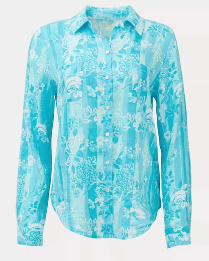 Lilly Pulitzer Seaview Linen Shirt - Blue Floral