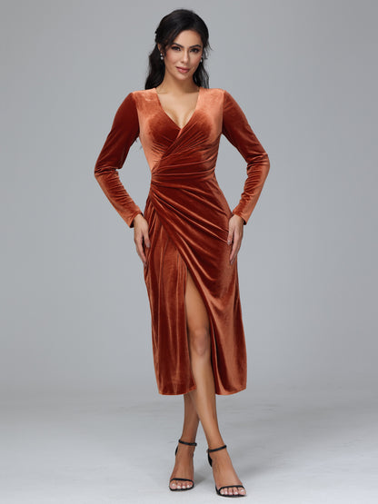 Long Sleeves Tea Length Velvet Bridesmaid Dress