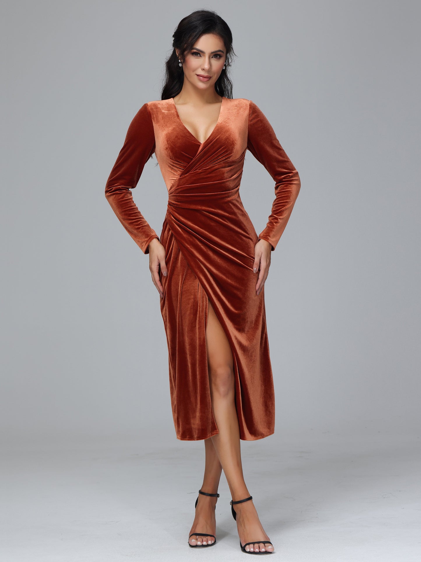 Long Sleeves Tea Length Plus Size Velvet Bridesmaid Dress