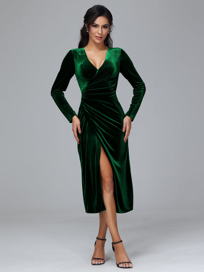Long Sleeves Tea Length Plus Size Velvet Bridesmaid Dress