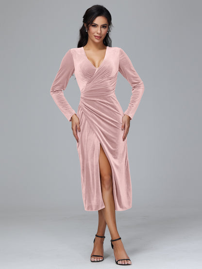 Long Sleeves Tea Length Plus Size Velvet Bridesmaid Dress