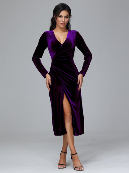 Long Sleeves Tea Length Velvet Bridesmaid Dress