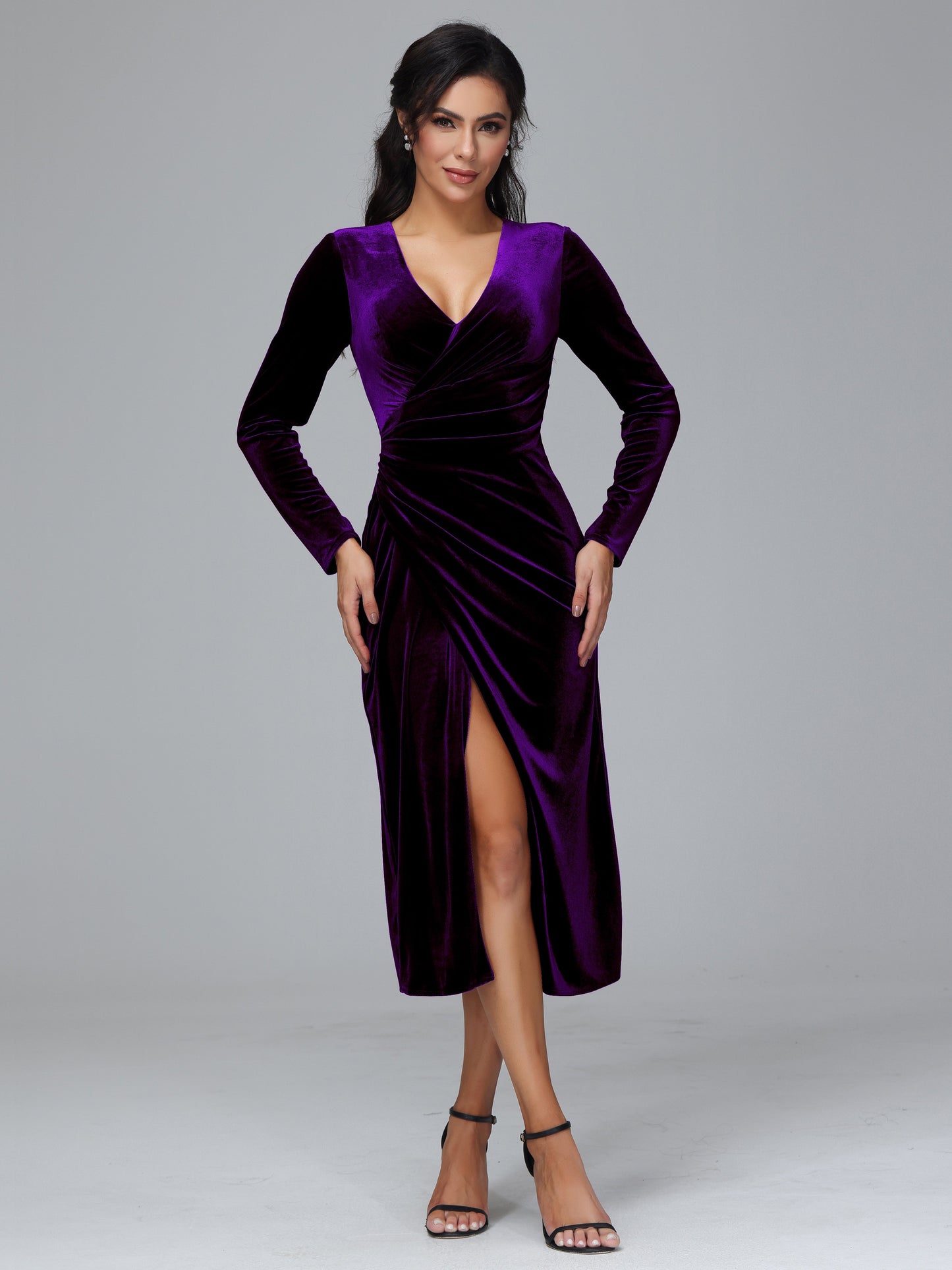 Long Sleeves Tea Length Plus Size Velvet Bridesmaid Dress