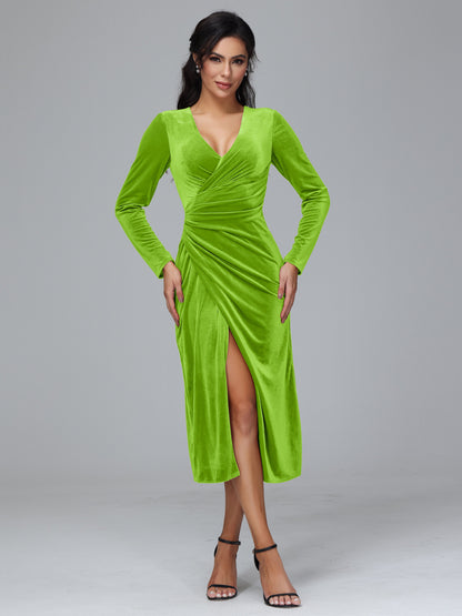 Long Sleeves Tea Length Velvet Bridesmaid Dress