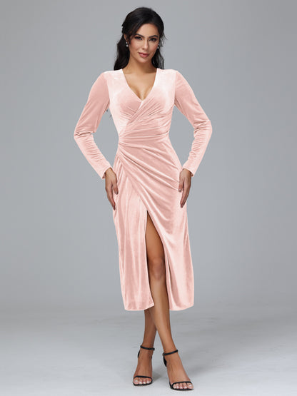 Long Sleeves Tea Length Plus Size Velvet Bridesmaid Dress