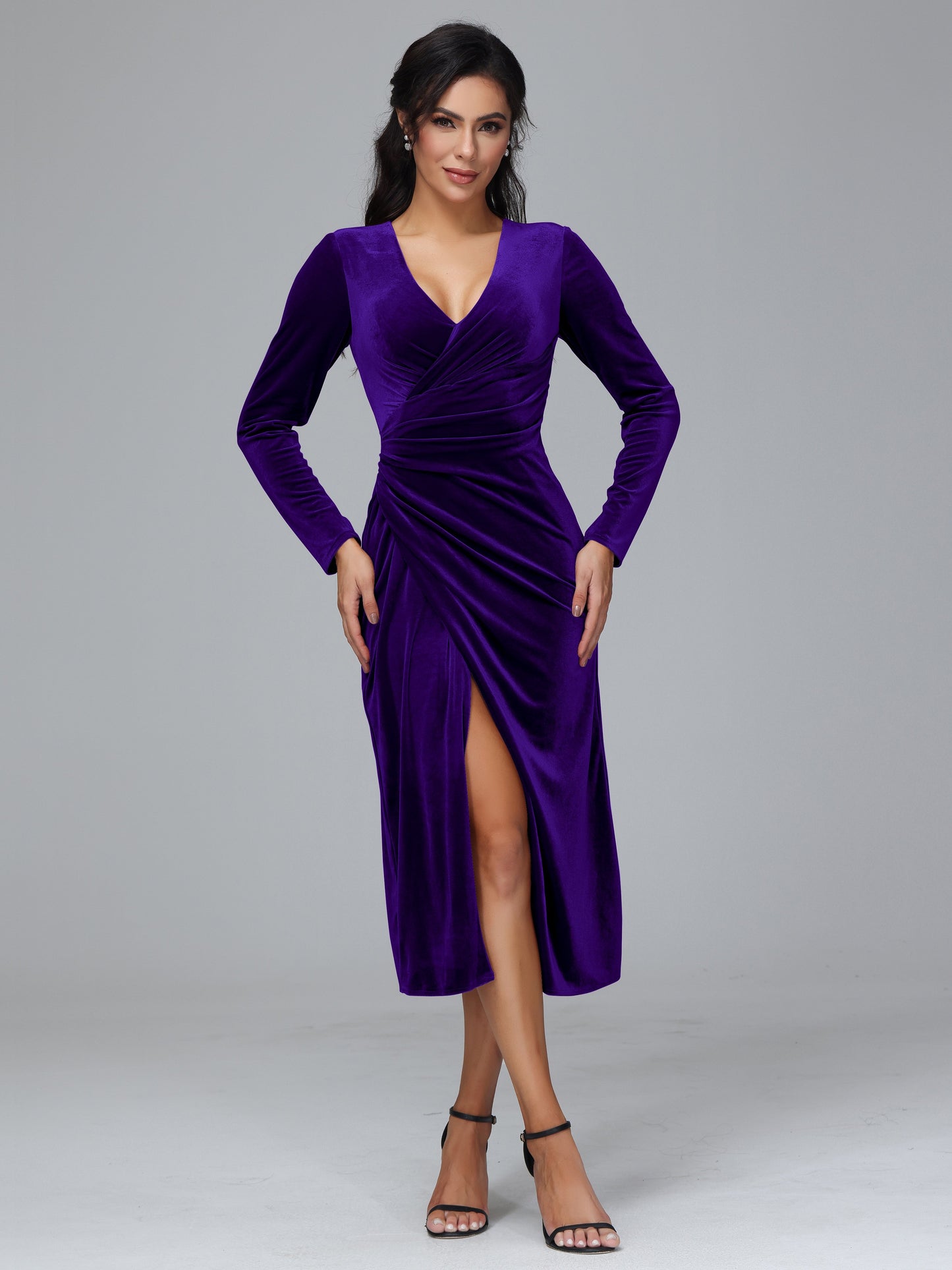 Long Sleeves Tea Length Plus Size Velvet Bridesmaid Dress