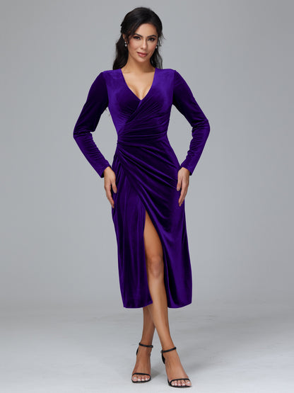 Long Sleeves Tea Length Plus Size Velvet Bridesmaid Dress