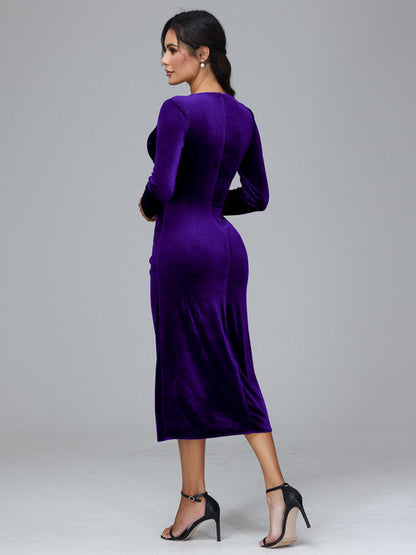 Long Sleeves Tea Length Plus Size Velvet Bridesmaid Dress