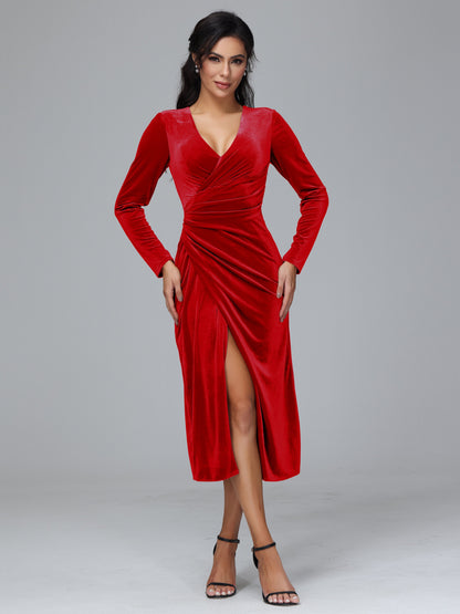 Long Sleeves Tea Length Plus Size Velvet Bridesmaid Dress