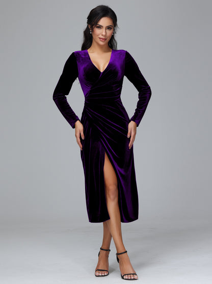 Long Sleeves Tea Length Plus Size Velvet Bridesmaid Dress