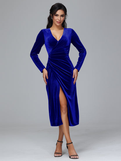 Long Sleeves Tea Length Velvet Bridesmaid Dress