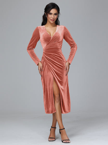 Long Sleeves Tea Length Velvet Bridesmaid Dress