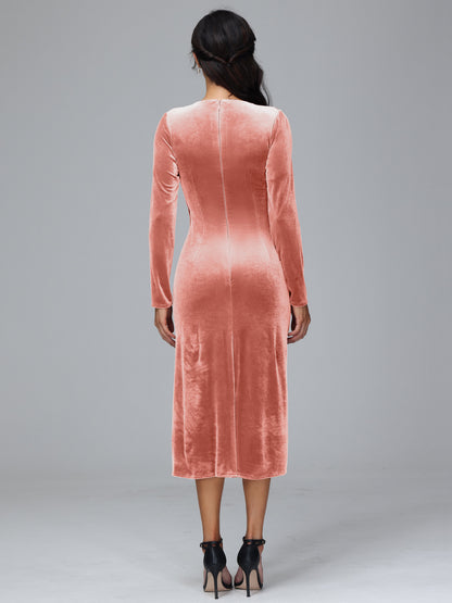 Long Sleeves Tea Length Plus Size Velvet Bridesmaid Dress