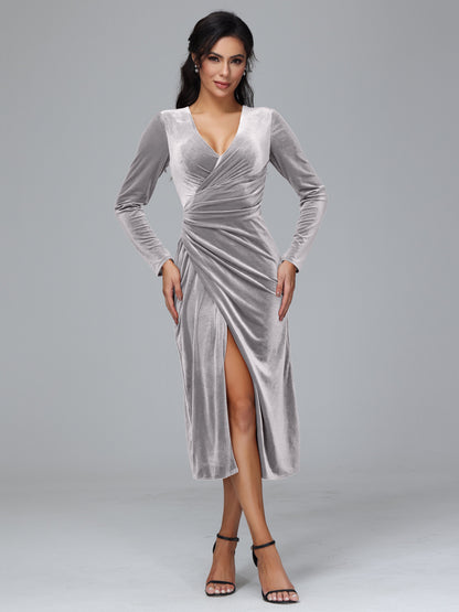 Long Sleeves Tea Length Velvet Bridesmaid Dress