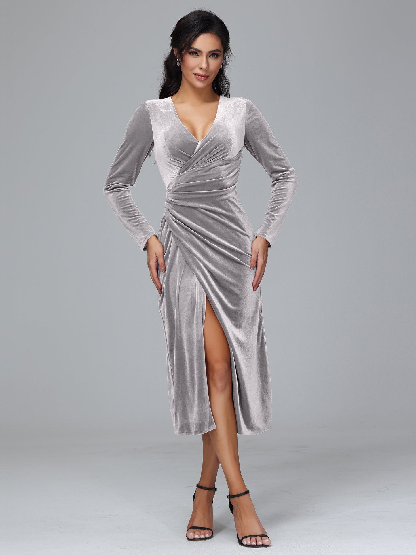 Long Sleeves Tea Length Plus Size Velvet Bridesmaid Dress
