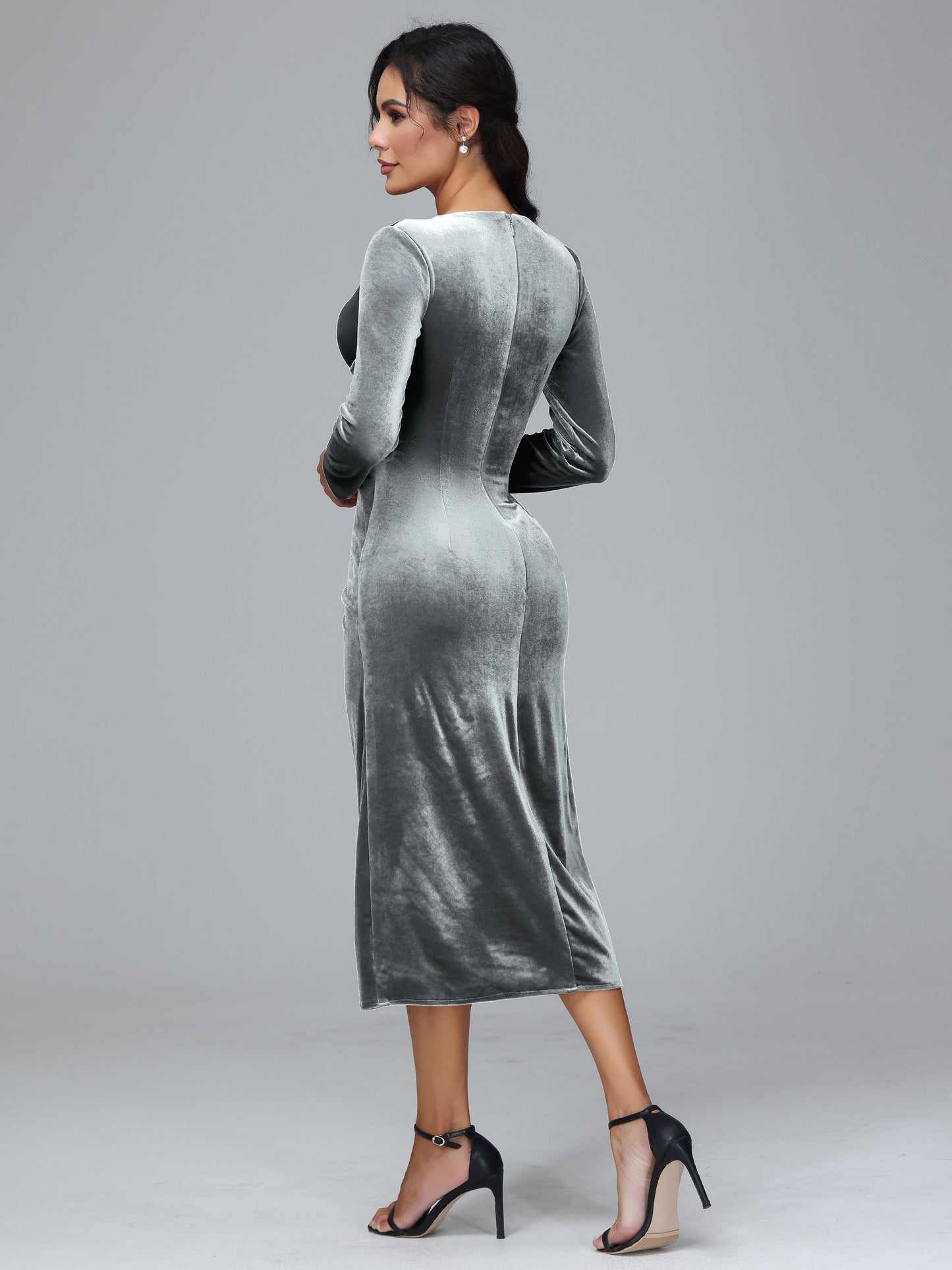 Long Sleeves Tea Length Velvet Bridesmaid Dress