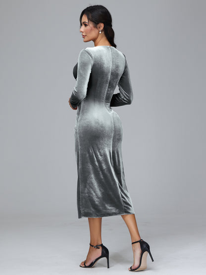Long Sleeves Tea Length Velvet Bridesmaid Dress