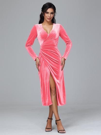 Long Sleeves Tea Length Velvet Bridesmaid Dress