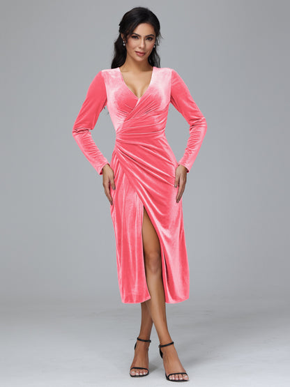 Long Sleeves Tea Length Plus Size Velvet Bridesmaid Dress